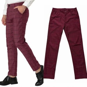 Hattric Men’s Burgundy Blue Plaid Check Stretchy Pants 34 x30